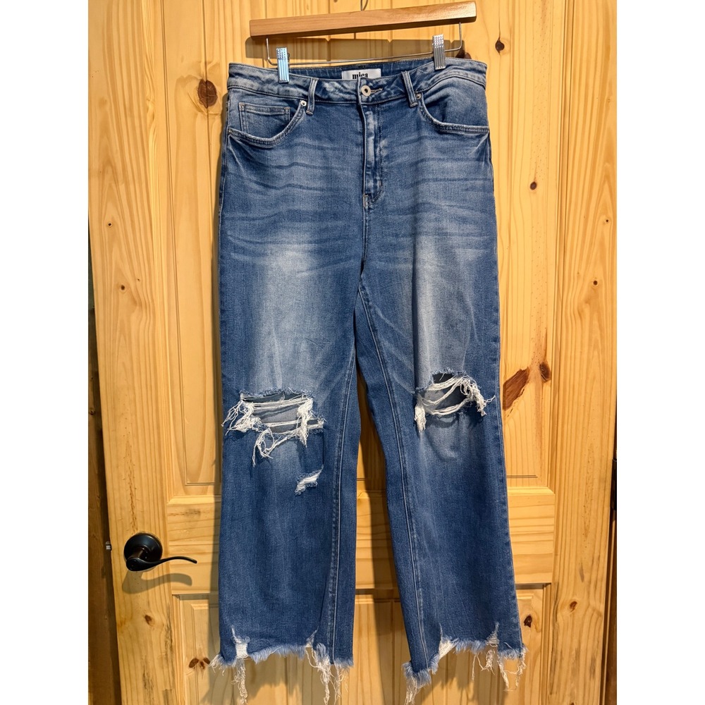 Mica Denim Women 31 Distressed Wide Leg Jeans Medium Wash Frayed Hem MDP-W3522DK